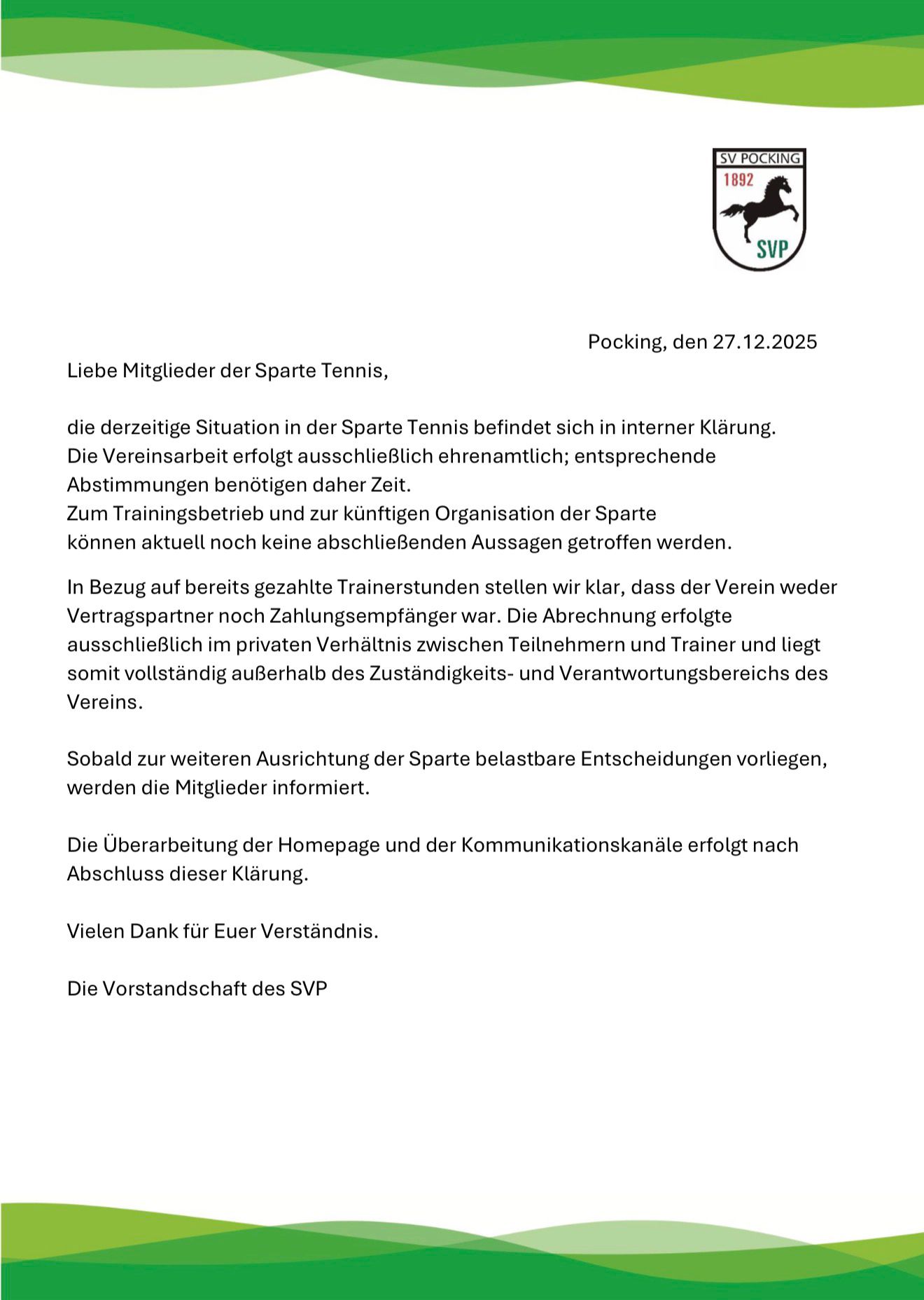 Mitteilung Tennis Abteilung